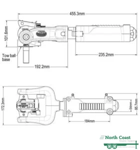 Technical dimension diagram showing the top and side views of the Ark XO 2T off-road trailer coupling, detailing its 455.3mm total length, 4-bolt 184mm x 54mm mounting pattern, and 172.3mm hitch width.