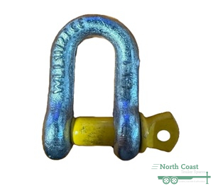 D Shackle 11mm x 13 mm Galvanised with Yellow Pin rated up to 1500kg, for trailers in Australia, rated shackles used to connect safety chains to the tow bar
