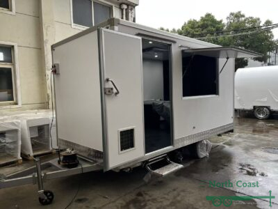 RS400 mobile hair and barber trailer exterior view four meter commercial salon trailer