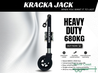 "A heavy-duty Kracka Jack 680kg trailer jockey wheel featuring a rugged, black steel-bodied main shaft finished in a matte, corrosion-resistant textured bedliner coating. It is equipped with an ergonomic top-wind smooth crank handle, a central heavy-duty mounting bracket section, and a single solid black rubber wheel at the base."