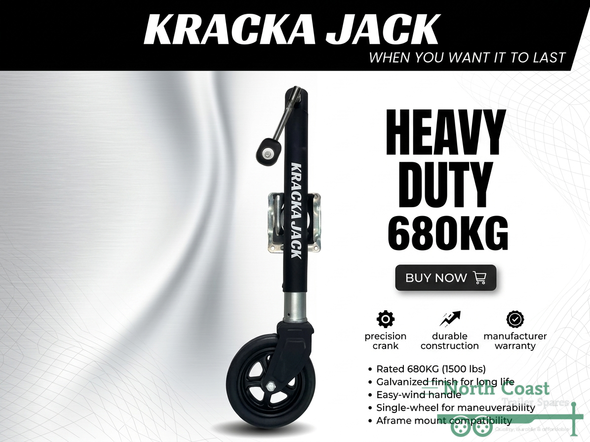 "A heavy-duty Kracka Jack 680kg trailer jockey wheel featuring a rugged, black steel-bodied main shaft finished in a matte, corrosion-resistant textured bedliner coating. It is equipped with an ergonomic top-wind smooth crank handle, a central heavy-duty mounting bracket section, and a single solid black rubber wheel at the base."