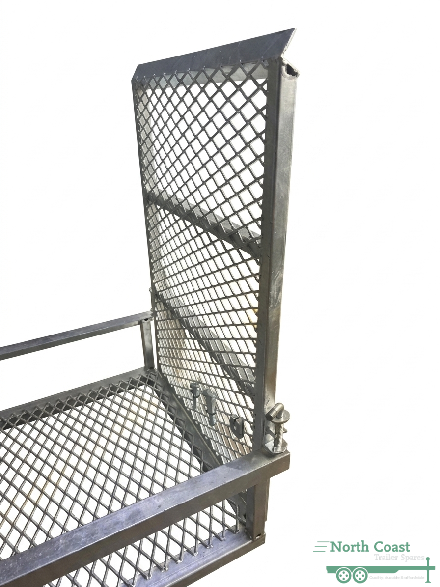 Close-up cropped profile view of a hot-dipped galvanised steel mower pad against a clean white background, showcasing the diamond-pattern mesh ramp frame, bottom platform mesh flooring, and the spring-loaded locking pin catch mechanism.
