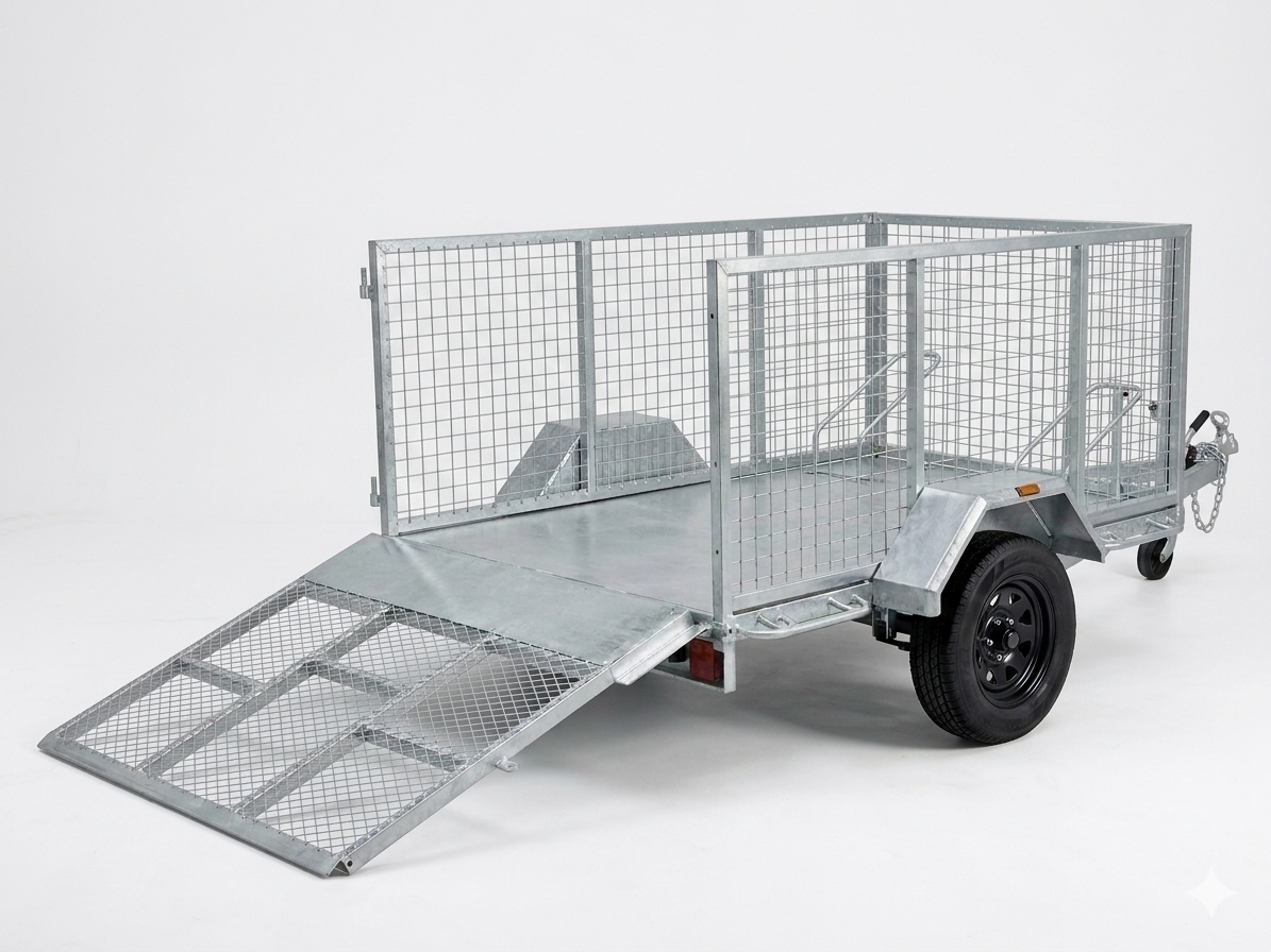 8x5ft tilting flat deck trailer rear view showing dropped full-width mesh loading ramp and optional 900mm heavy-duty perimeter cage