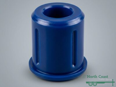 Heavy-duty blue round trailing arm suspension bush standing upright, showing the 30mm inner diameter opening, 50mm outer diameter, and side groove channels for off-road camper trailers.