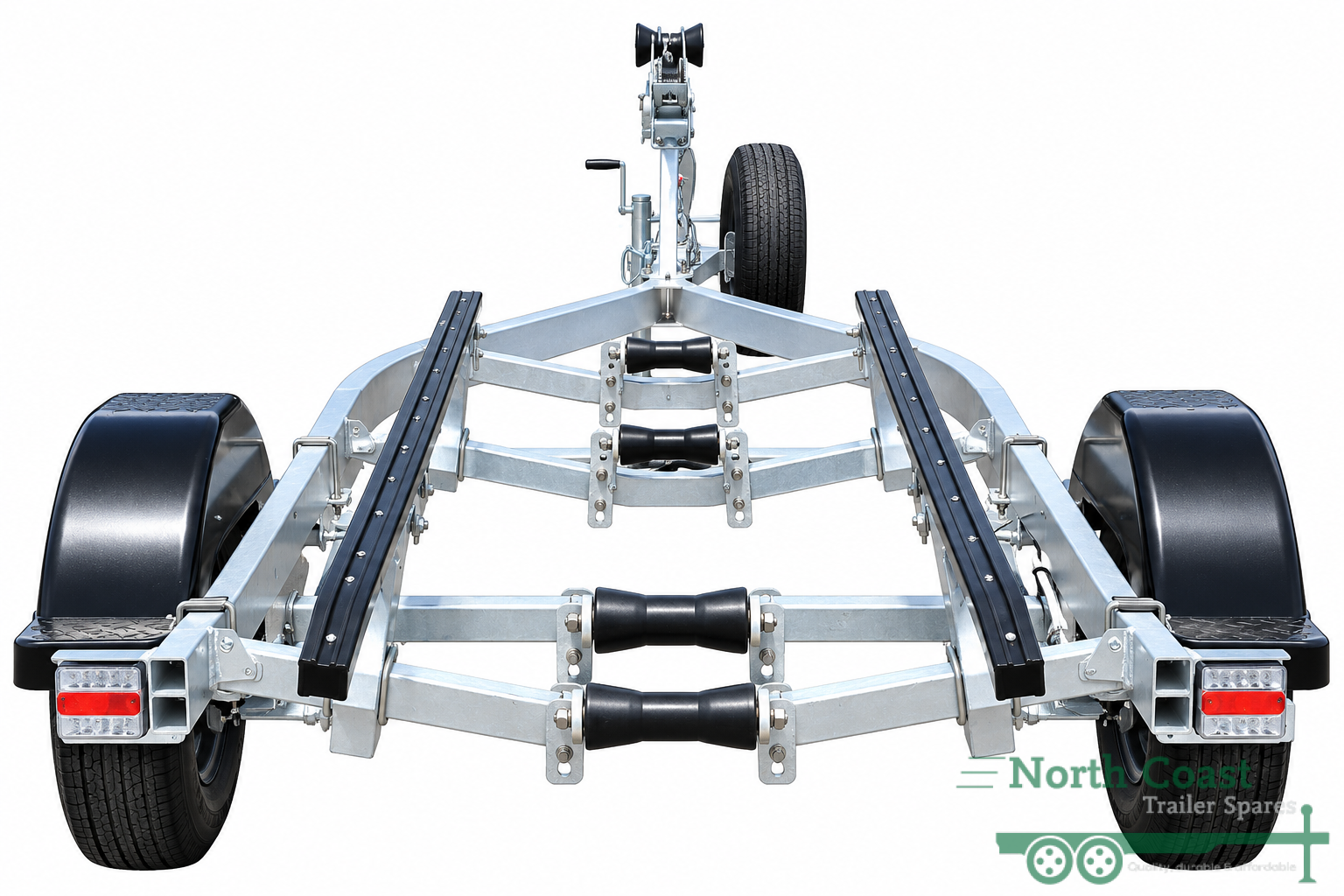 "Rear view of a 1500kg aluminium single axle boat trailer featuring black poly bunks, four center keel rollers, black plastic fenders, and dual rear LED tail lights."