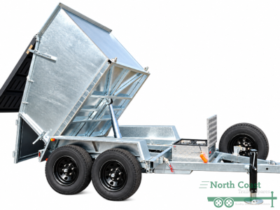 Dual axle 4m³ hydraulic tipping skip bin trailer with a galvanized finish and open lid parked on a road.