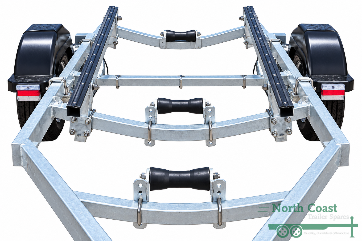 "High angle view looking down an aluminum boat trailer frame featuring three black center keel rollers, dual black bunk skids, and black plastic mudguards."