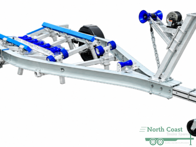Single-axle premium aluminium boat trailer (SKU: HRAB1719SH6) with blue poly bunks and center rollers.